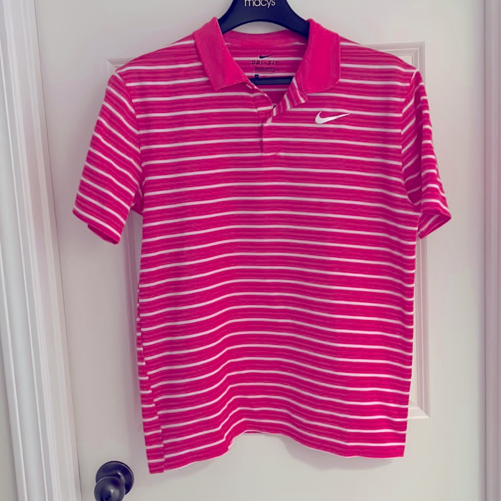 Nike golf shirt, men’s Medium. Very bright pink stripes.
